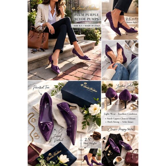 Brooks Brothers Shoes - Brooks Brothers Plum Purple Suede Low Kitten Heel Pumps Tassel Pointed Toe 8.5